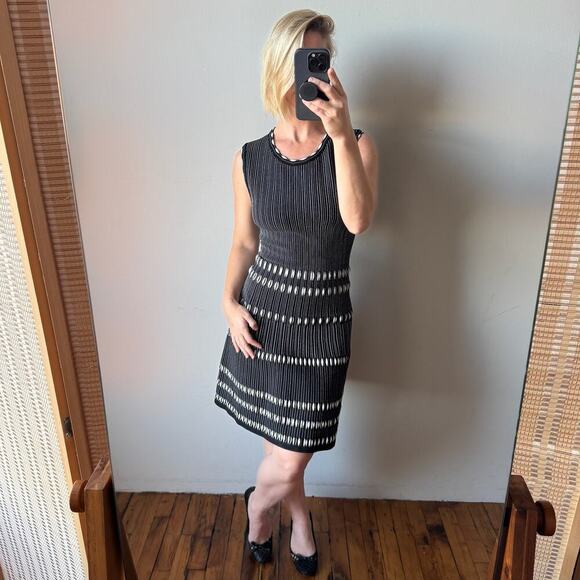black and white striped a line dress Designer Mart